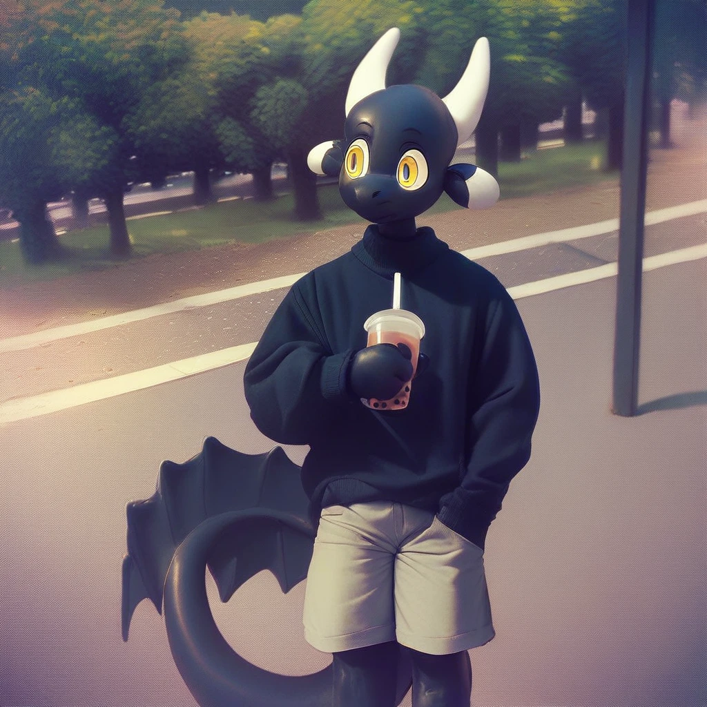 score_9_up, score_8_up, score_7_up, source_furry, balloons, mikus-balloon, balloon, black dragon, black body, white horns, yellow eyes, park, holding, bubble tea, black sweater, gray shorts, 1boy, solo