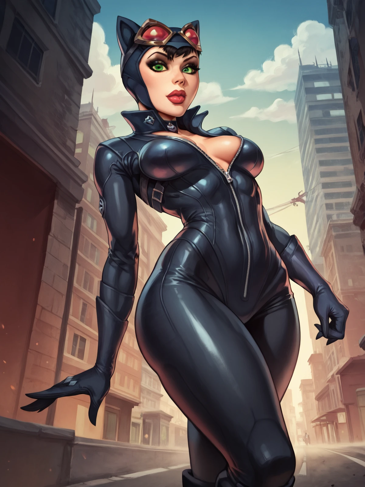 score_9, score_8, score_7,1girl,  catwomanwaifu, 2D, solo, medium breasts, cinematic, cartoon, short hair, curvy legs, wide hips, black, bodysuit,boots, green eyes, cowboy shot, look at viewer, goggles, lips, walking, low angle, makeup, realistic, arkham city, dark city street, <lora:add-detail-xl:1>, <lora:Catwoman_character:1>