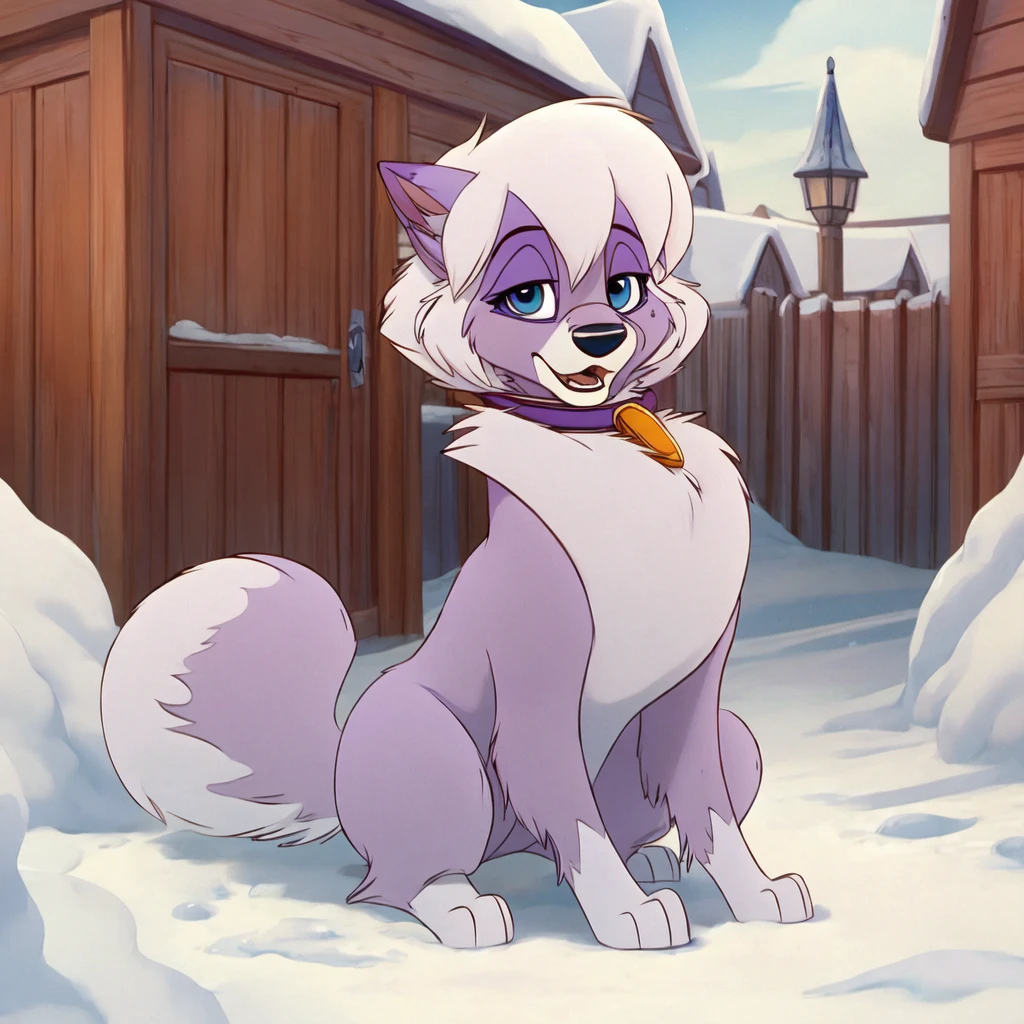 masterpiece, detailed, detailed background, best quality, UHD, 4K, <lora:DIXIEFRBALTOSD:1>,dixiefrbalto, body fur, dog, two tone fur, purple fur, collar, blue eyes, solo, no humans, white hair, tail, sitting, 1girl, animal ears, animal focus, feral, beautiful blue eyes, outdoors, snowy background, detailed background, uploaded on e621,