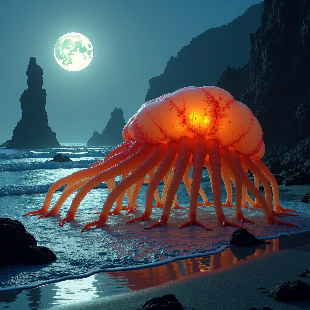 Grotesque, elongated, red and yellow translucent creature with an otherworldly, bioluminescent glow, akin to a deep-sea jellyfish, crawling with twisted, spindly limbs on a desolate, moonlit beach, surrounded by jagged, volcanic rock formations, with the eerie, flickering light of luminescent plankton scattered across the waves, in the style of Zdzisław Beksiński's surreal, dreamlike landscapes, combined with the eerie, unsettling atmosphere of H.R. Giger's xenomorph designs, and the vibrant, iridescent colors of Ash Thorp's futuristic, neon-lit visions.