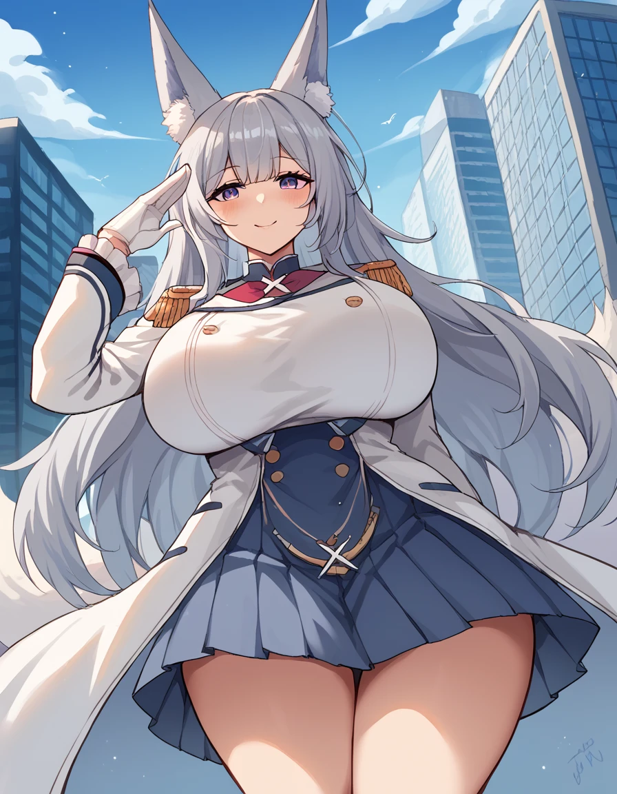 score_9, score_8_up, score_7_up, source_anime, <lora:azurlane-shinano-ponyxl-lora-nochekaiser:1>, shinano, shinano (azur lane), animal ear fluff, animal ears, fox ears, fox girl, fox tail, grey hair, huge breasts, purple eyes, very long hair, kitsune, kyuubi, <lora:kashima-cosplay-ponyxl-lora-nochekaiser:1>, kashimacosplay, kashima (kancolle) (cosplay), beret, buttons, epaulletes, frilled sleeves, frills, gloves, grey skirt, hat, jacket, long sleeves, military, military uniform, miniskirt, pleated skirt, neckerchief, red neckerchief, skirt, uniform, white gloves, white jacket,, cityscape, street, smile, blush, salute, , dutch angle,