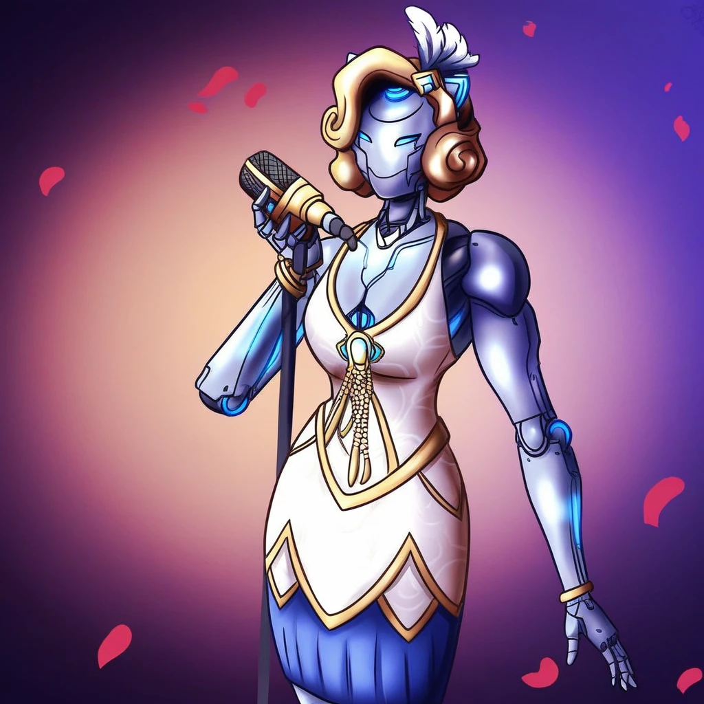 LunaOverwatch,1girl,solo, robot,robot girl,humanoid robot,omnic,dress,blue eyes,mask,breast,cleavage,joints,robot  joints,android,petals,jewelry,bracelet,mechanization,microphone,microphone stand,music,blonde hair,hair ornament,skirt,white dress,blue skirt,dress ornament,spotlight,seductive,