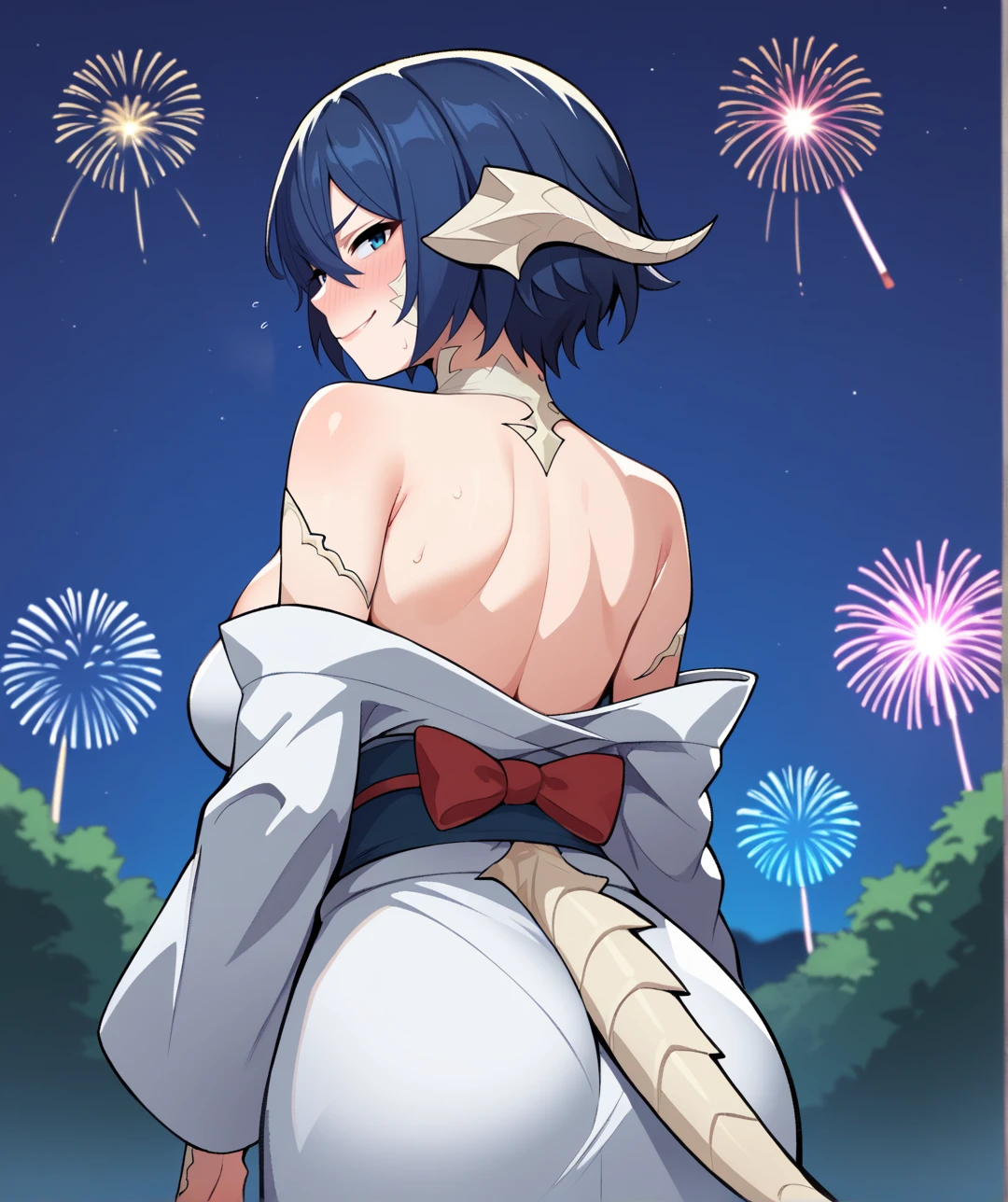 score_9, score_8_up, score_7_up, score_6_up, source_anime,
BREAK
1girl,au ra, blue eyes, blue hair, short hair, messy hair, hair between eyes, white scales, white horns, dragon tail,large breasts,looking back, from behind, off-shoulder kimono, smirk, blush, bare shoulders, rimlight, night, japanese clothes, fireworks, depth of field, sweat, arms at sides
 <lora:maidcousin_ponyxl-fandango:0.8>