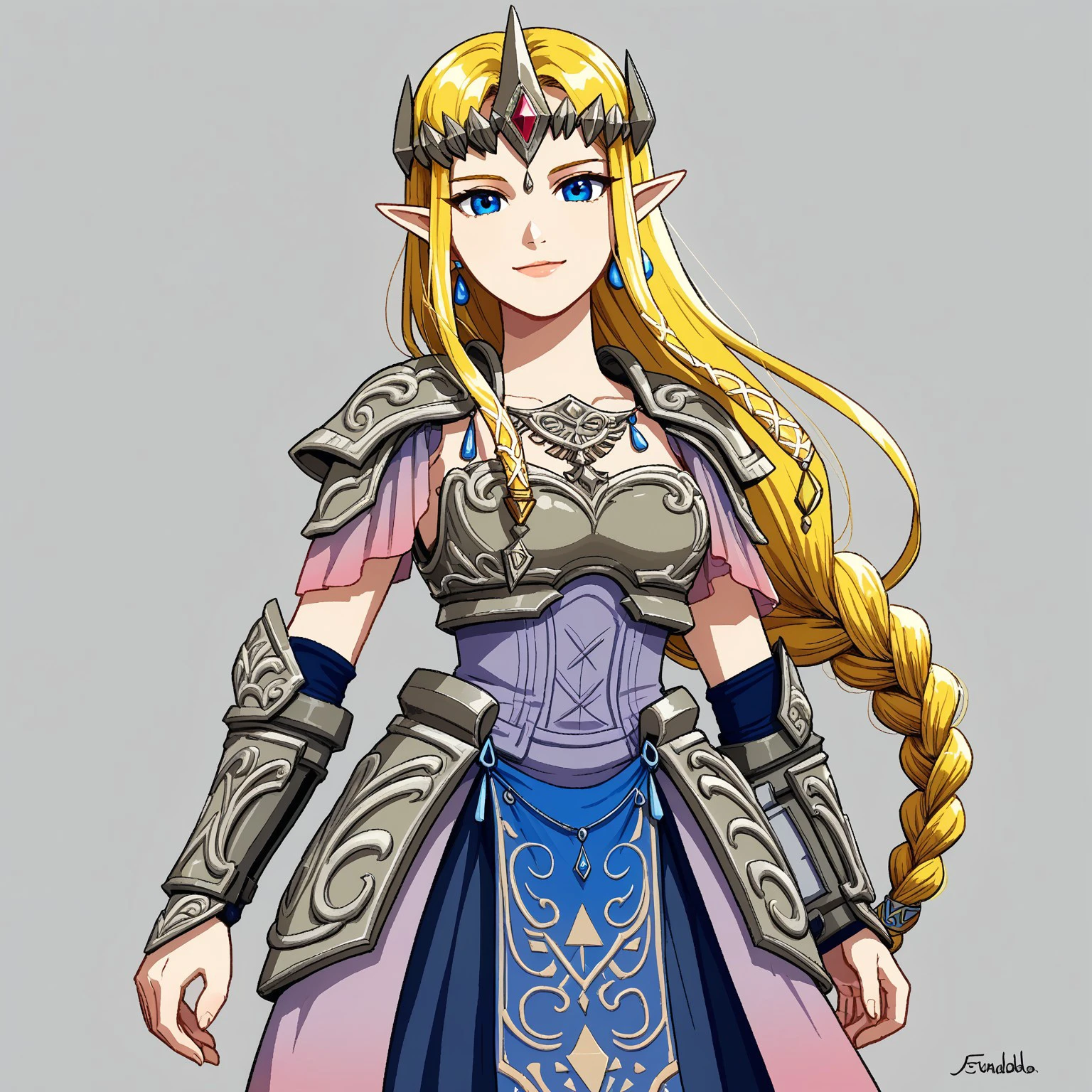 safe_pos, 1girl, armor, armored_dress, blonde_hair, blue_eyes, braid, earrings, faulds, female_focus, greaves, jewelry, long_hair, pauldrons, pelvic_curtain, pointy_ears,  shoulder_armor, showgirl_skirt, solo, tiara, vambraces, very_long_hair,, looking at viewer, seductive smile, upper body, cowboy shot