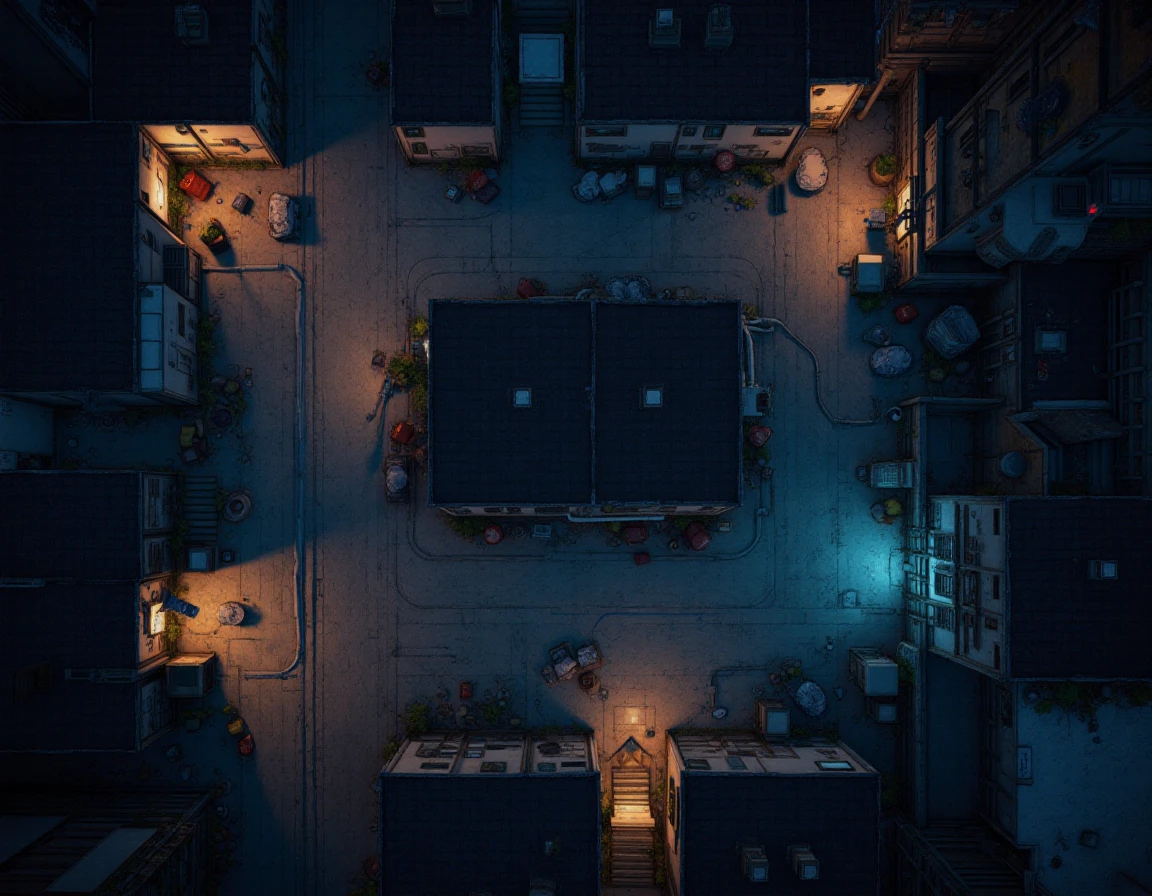 RPGmap, top-down, a battle map of a cyberpunk city with buildings, streets, and alleys.  Neon lights and street lights illuminate the scene.  There are pipes, wires, and high-tech machiners along with garbage and clutter.  Top down view, Birds eye view, From above, rtx, volumetric 3d, Birds eye view from above.