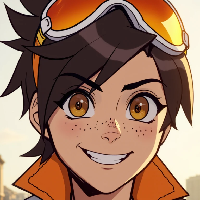 Tracer portrait, 1girl, solo, vibrant close-up, sparkling brown eyes filled with determination and mirth, signature spiky brunette hair windswept, orange goggles perched playfully atop head, cheeky grin with hint of laughter, light freckles across nose and cheeks, soft blue glow from chronal accelerator illuminating jawline, collar of bomber jacket peeking into frame, one eyebrow slightly raised in cocky expression, faint temporal echoes creating subtle motion blur effect around edges, golden late afternoon light casting warm highlights, Tracer expressions