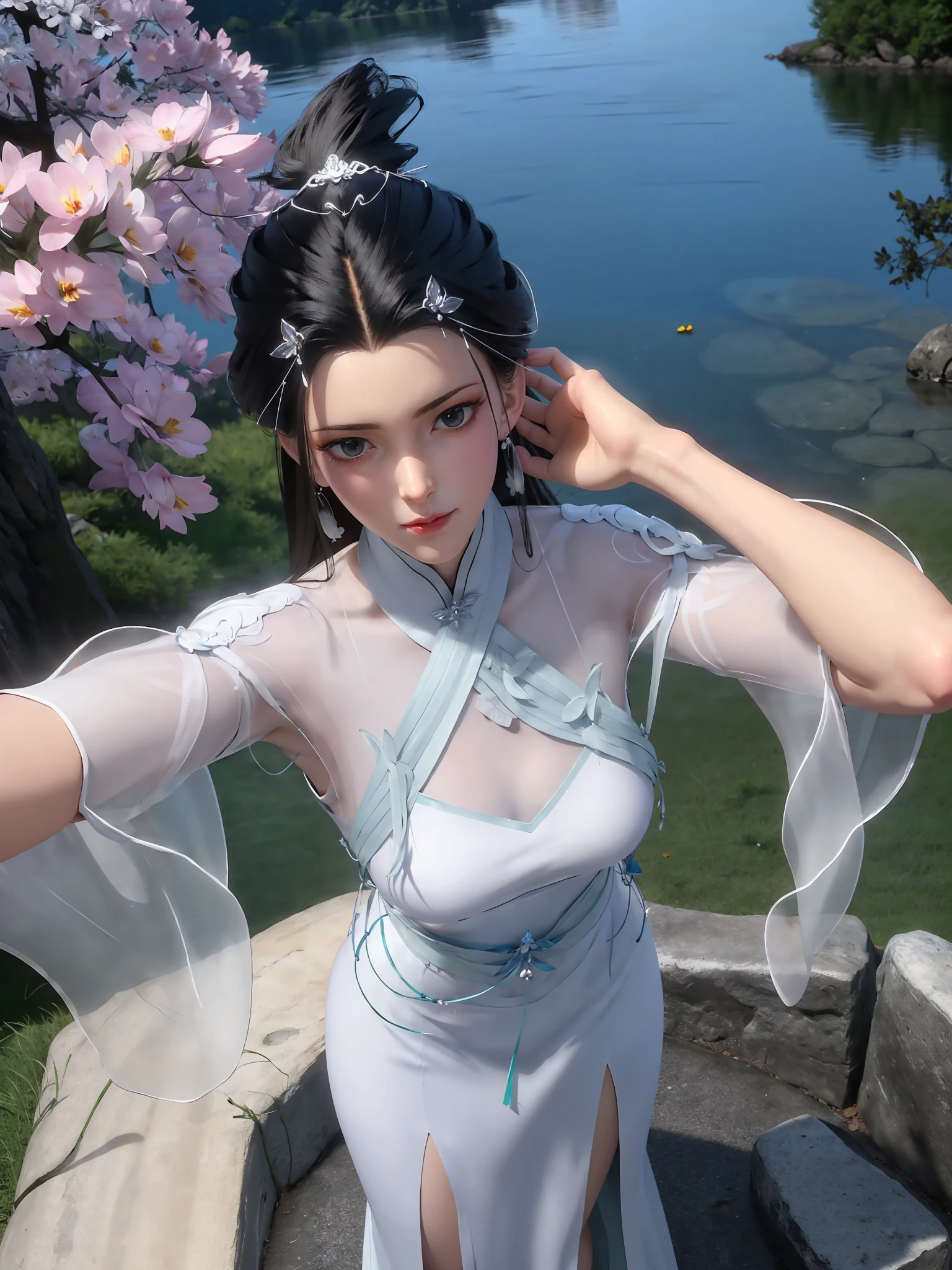 best quality,highres,absurdres,masterpiece,4k,
<lora:xiaoqingxue:0.8>,1girl,hair ornament,black hair,chinese clothes,hair bun,closed mouth,see-through,dress,earrings,long hair,solo,white dress,xiaoqingxue,cowboy shot,looking at viewer,dynamic pose,glowing eyes,happy,
shiny skin,shiny clothes,(pale skin:1.2),(narrow waist:1.1),((flower:1.3)),skinny,from above,(looking up:1.1),water,