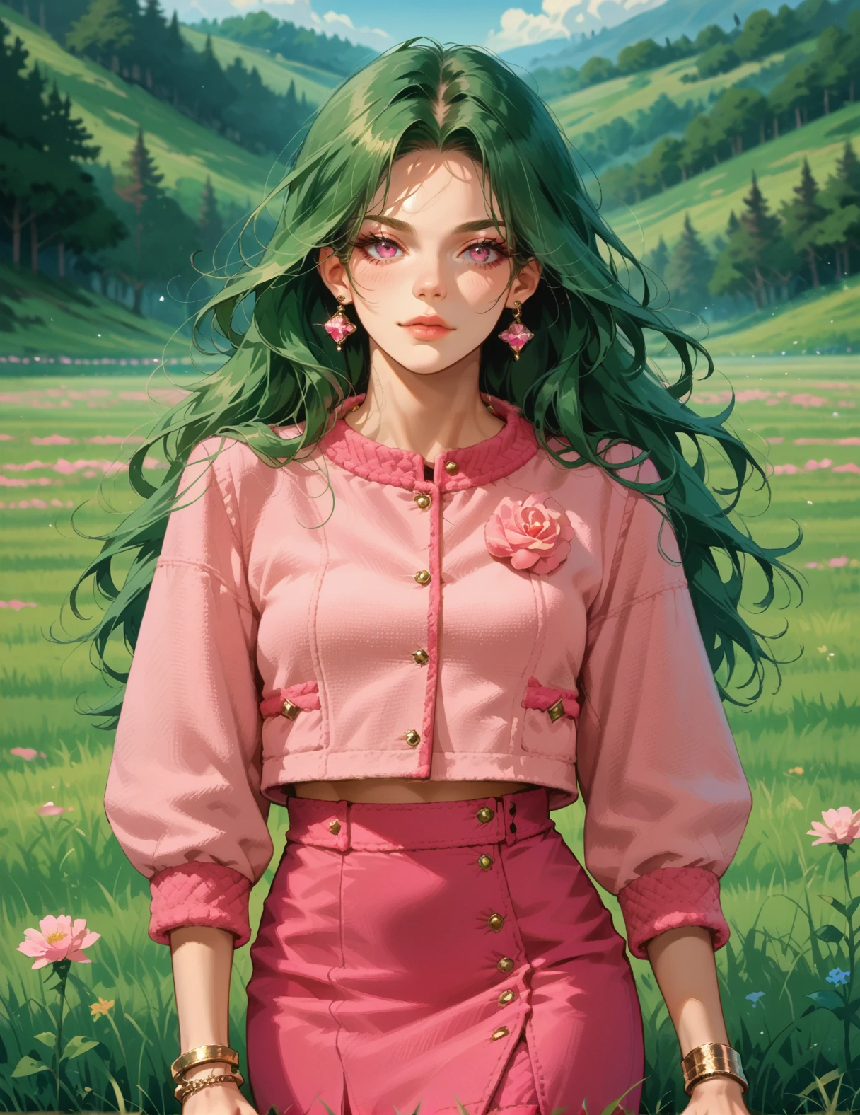 Score_9, Score_8_up,Score_7_up, Score_6_up,Score_5_up, Score_4_up, Source_anime, Rating_questionable, 1girl, medium breasts, green hair, long hair, grass field, <lora:Chanel_Classic_Outfit:0.8> pink jacket, pink skirt, long sleeves, fashion, bracelet, sexy pose,