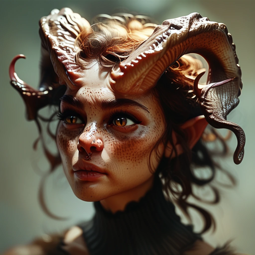 score_9,score_8_up,score_7_up,score_6_up,a female freckled Tiefling demon horns close portrait