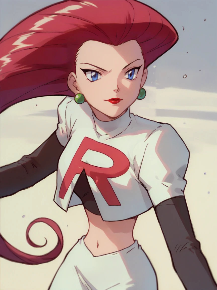 score_9, score_8_up, score_7_up, score_6_up, score_5_up,  <lora:JessieTR:1> jessietr, 1girl, hair slicked back, solo, long hair, team rocket uniform, red hair, blue eyes, red lips, skirt,