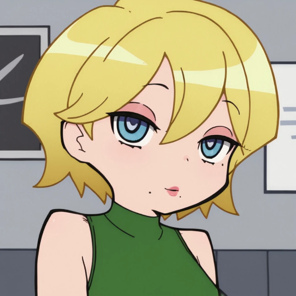 1girl, solo, short hair, blue eyes, blonde hair, shirt, bare shoulders, upper body, white hair, sleeveless, indoors, mole, makeup, lipstick, mole under mouth, green shirt,paswg_style
