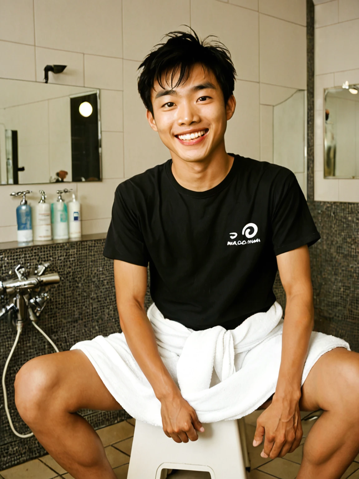 score_9, score_8_up, score_7_up, score_6_up, solo male, polaroid_photo, male focus, indoors, tattoo, narrow waist, dynamic pose, dramatic, (shirt lift:1.3), white towel around waist, sweating, wet body, Asian male, naked, bare chest,
japanese young man, black hair, smile, (grin:1.3), teeth,
onsen shower, stool, indoors, mirror, faucet, simple background, simple scenery