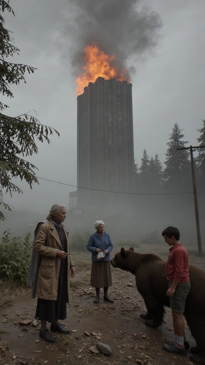 landscape of a realistic photograph captures the scene of a hauntingly beautiful place, with a towering skyscraper and a roaring fire. The air is thick with the scent of burning smoke and the sound of rustling leaves fills the frame. A group of huddled animals, including a bear and an elderly woman, gather around the base of the building, their faces contorted in terror as they watch the scene unfold before them. Summer, compact camera, Depth of field 100mm, Calotype, aidmasilenthill