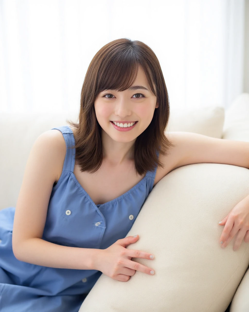 fukuhara, The image is a portrait of a young woman sitting on a white couch. She is wearing a blue dress with a ruffled neckline and has shoulder-length brown hair with bangs. The woman is smiling and looking directly at the camera. She has her arms crossed over her chest and is resting her head on a large beige pillow. The background is blurred, but it appears to be a living room with a large window and white curtains. The overall mood of the image is relaxed and comfortable.