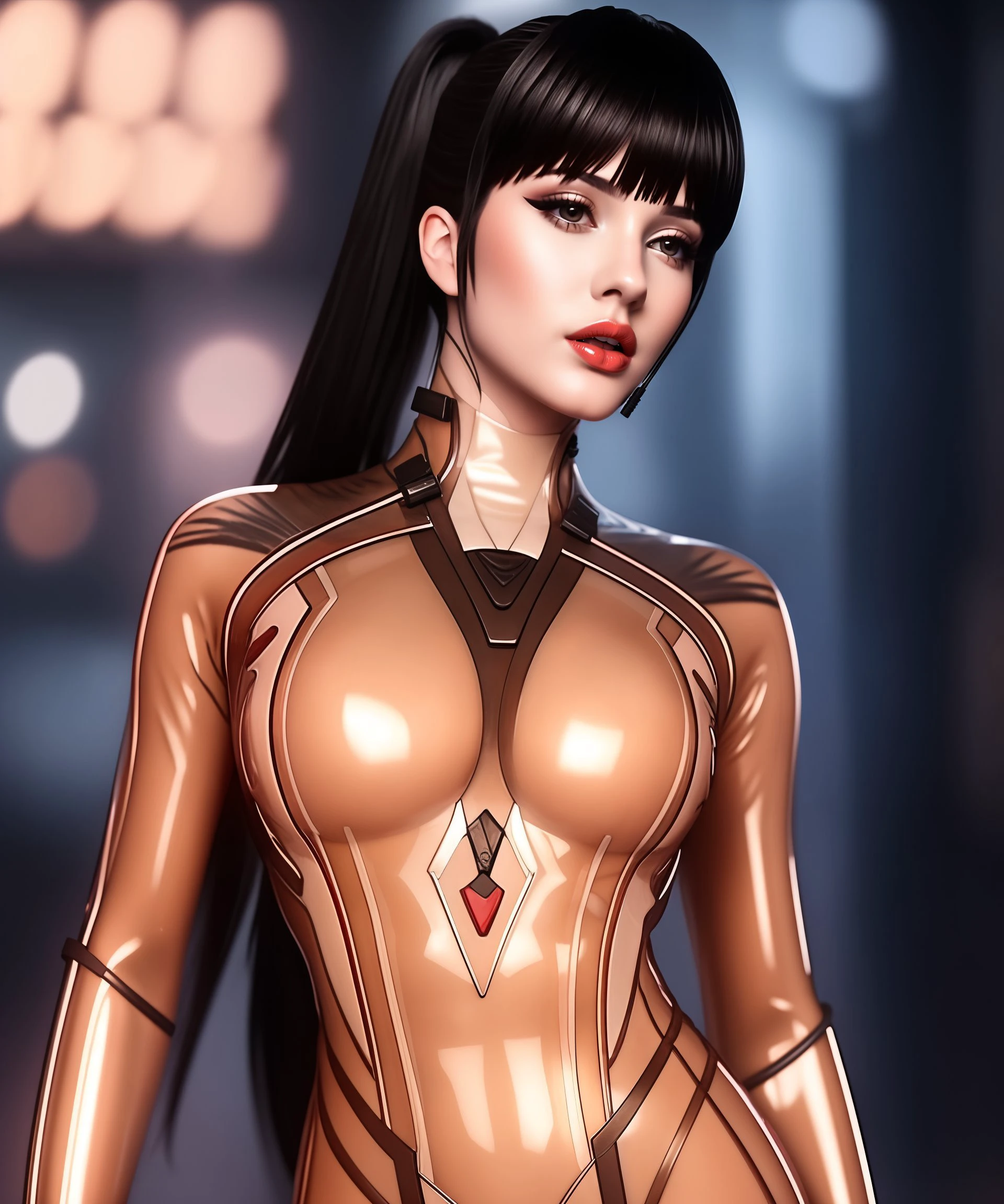 a woman, very long hair, ponytail, full lips, round lips, lipgloss, medium breast, transparent futuristic cyborg suit  <lora:Eve_SB_v2:0.7> extremely sexy, digital art style, cinematic, cyberpunk, dark theme, posing