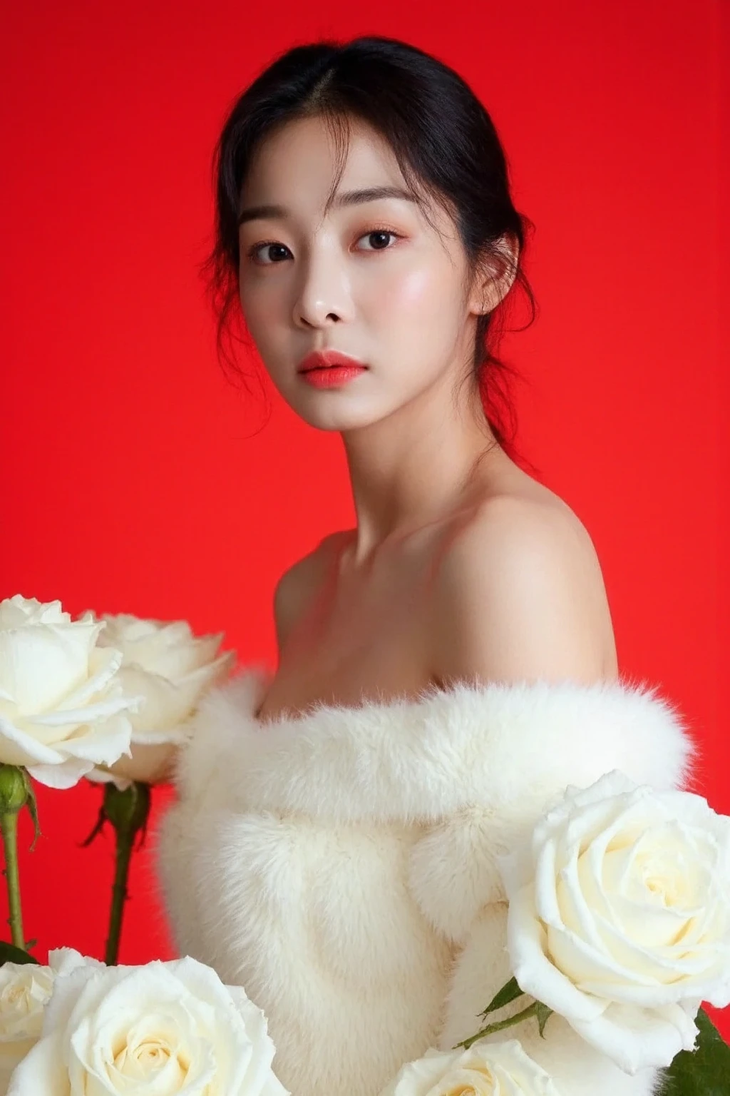 The image showcases a young asianwoman. She is positioned against a strikingly vibrant red background, which is filled with large white roses. The roses dominate the composition, adding a dramatic and intense contrast to her skin tone and overall appearance.
The woman is dressed in white fur dress, which drapes softly over her shoulders, leaving her upper back and one shoulder exposed. Her expression is calm and slightly mysterious, with her gaze directed slightly to the side, away from the camera. The large roses, some of which overlap with her figure, create a dreamy and surreal atmosphere, as if she is blending into or emerging from the floral background., <lora:flux_realism_lora:1>, <lora:makinaflux_seolinah_v1.0:1>