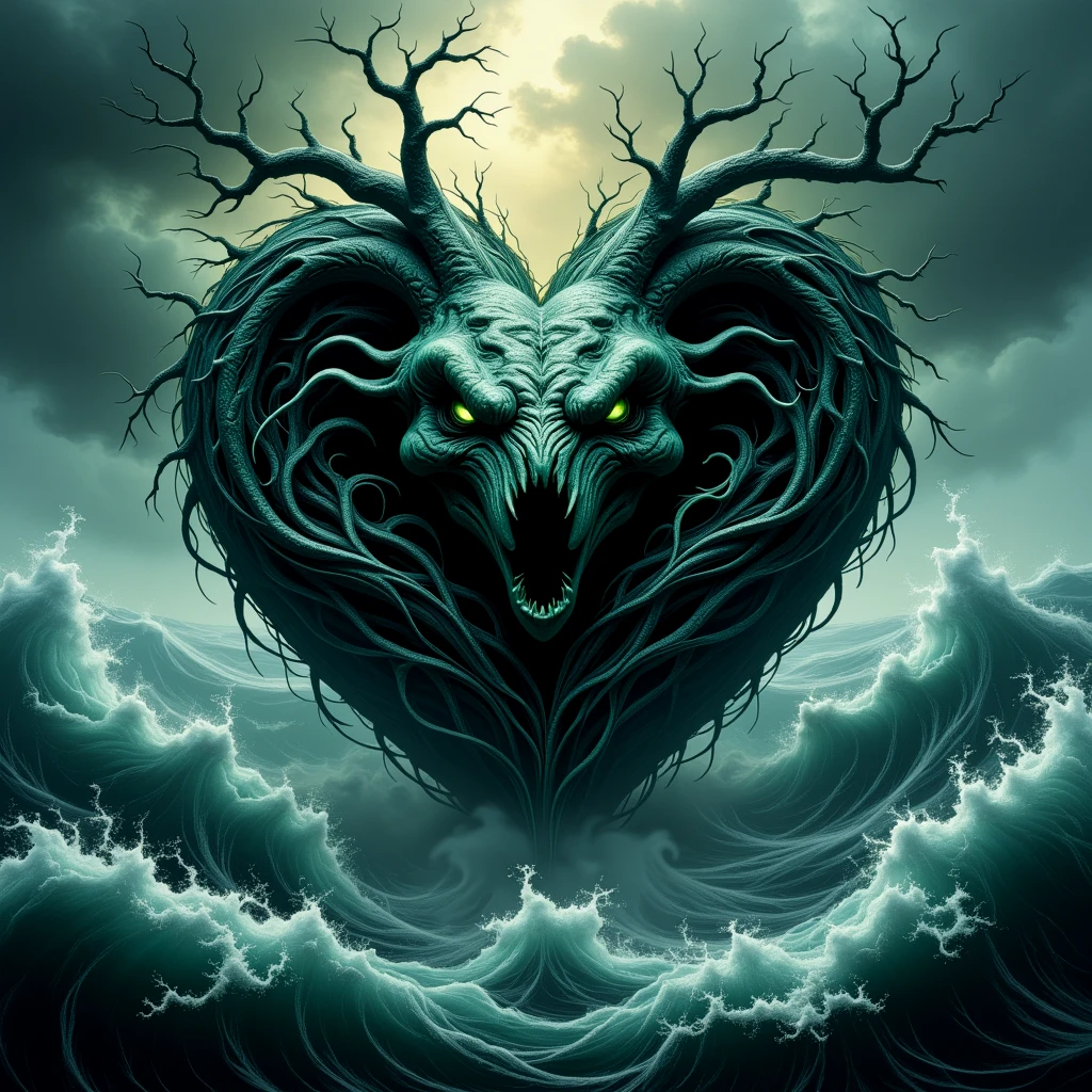 A monster in a heart, surrounded by a violent storm in the ocean. Pale green eyes.

hrtfcCE style