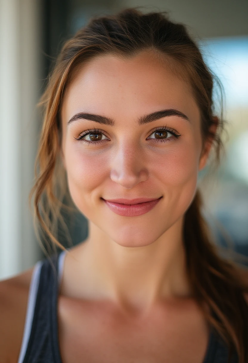 a close-up portrait photo of beccascott, a young athletic woman. She is slightly smiling.