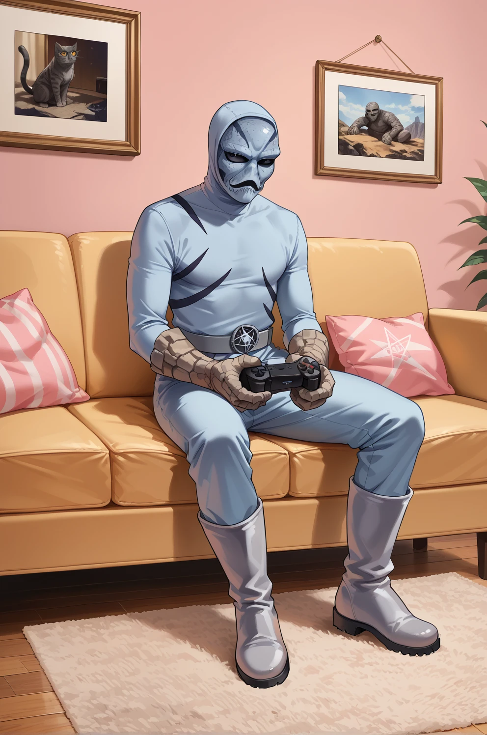 score_9, score_8_up, score_7_up,putty,1boy,alien,solo,grey skin,black striped skin, nude, black eyes,solid eyes,no nose, stone hands, grey boots, grey belt, pentagram belt buckle, sitting, indoors, couch, (holding gamepad), full body, looking ahead,on couch, (from the side:0.6),cat, photo \(object\), pink room <lora:PuttiesPony:1>