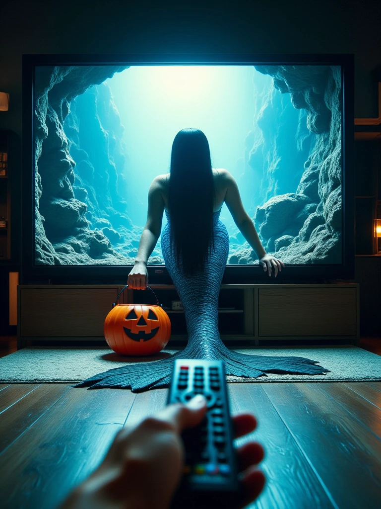 pov remote is crawling out of a large television screen holding a pumpkin bucket The hands are spread on the floor emerging from the TV, mermaid, blue uniform, sea, underwater, 