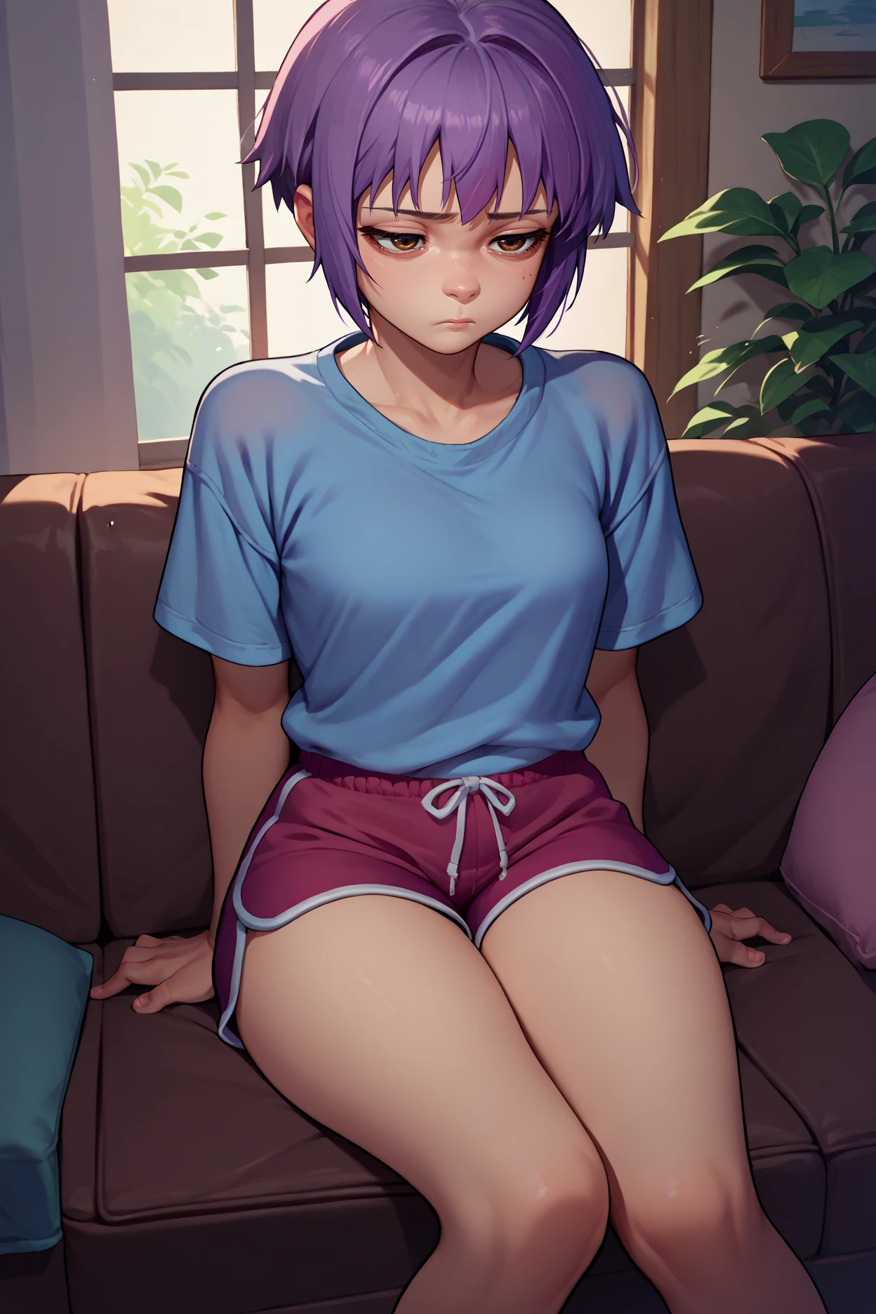 score_9, score_8_up, score_7_up, score_6_up, source_anime, 1girl, solo, <lora:nagatoyuki-pdxl-nvwls-v1-000005:1> yukinagato, purple hair, short hair, brown eyes, blue t-shirt, dolphin shorts, sitting, couch, indoors, tired