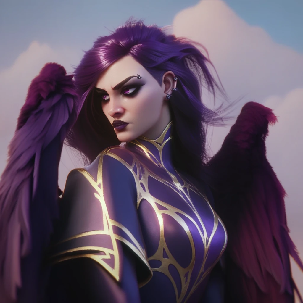 score_9, score_8_up, score_7_up, portrait, beautiful, <lora:Stilllllllll:1> morgstillhere, Purple hair, goth, goth girl, angel, Purple wings, 4 wings