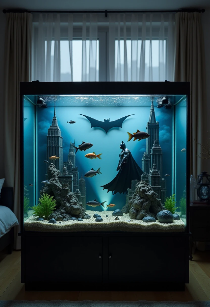 <lora:Aquarium_Ambience_Arranger_FLUX:0.8>
The image is a highly detailed photograph depicting an aquarium with fish that has been designed to resemble Batman and Gotham City. The aquarium is in a bedroom.