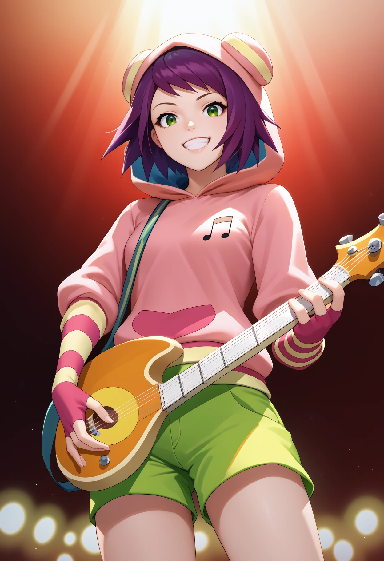 score_9, score_8_up, score_7_up, source_anime, <break> solo, 1girl, s0niastrumm, grin, looking at you, standing, holding guitar, holding instrument, short hair, purple hair, green eyes, striped clothes, pink hoodie, hood up, musical note, fingerless gloves, striped gloves, green shorts, stage, spotlight
<segment:yolo-face_yolov8m.pt,0.4,0.5//cid=1>