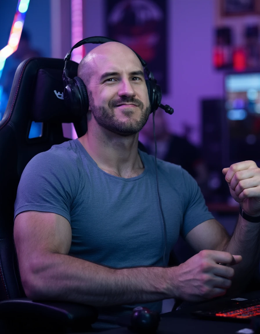 c35ar0 This is a photograph of a handsome muscular man sitting in a gaming chair at a computer while he is streaming. He is bald with a beard. He is wearing a gaming headset and a grey compression shirt. He is doing a double bicep flex while he is looking at you. His facial expression is a confident smirk. The room he is in has RGB lighting and looks like a gaming room.  Depth of field, 4k, highly detailed, clear focus, high resolution, photograph <lora:flux_realism_lora:0.7> <lora:Cesaro_WWE_FLUX_r1:1>