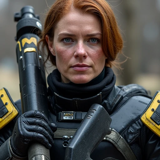 A female soldier wearing all black armor with yellow trim. Her helmet is off being held at her side revealing her grizzled veteran face with blue eyes and red hair. She is holding a shotgun over her shoulder.