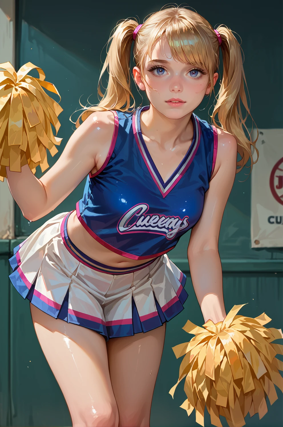 ((sfw)), ((best quality)), ((masterpiece)), ((realistic)), (detailed), (cowboy shot), a fun (cheerleader) ivanka trump, wearing an (detailed cheerleader uniform:1.4), midriff, (detailed skirt:1.4), well lit, dramatic lighting, deep shadows and brilliant highlights, (intense eye contact), gorgeous eyes, seductive devious smirk, beautiful face, (highly detailed face, realistic skin texture), erotic mood, pastel theme, (artistic erotica), high quality, (by arny freytag), (by artgerm:1.2),