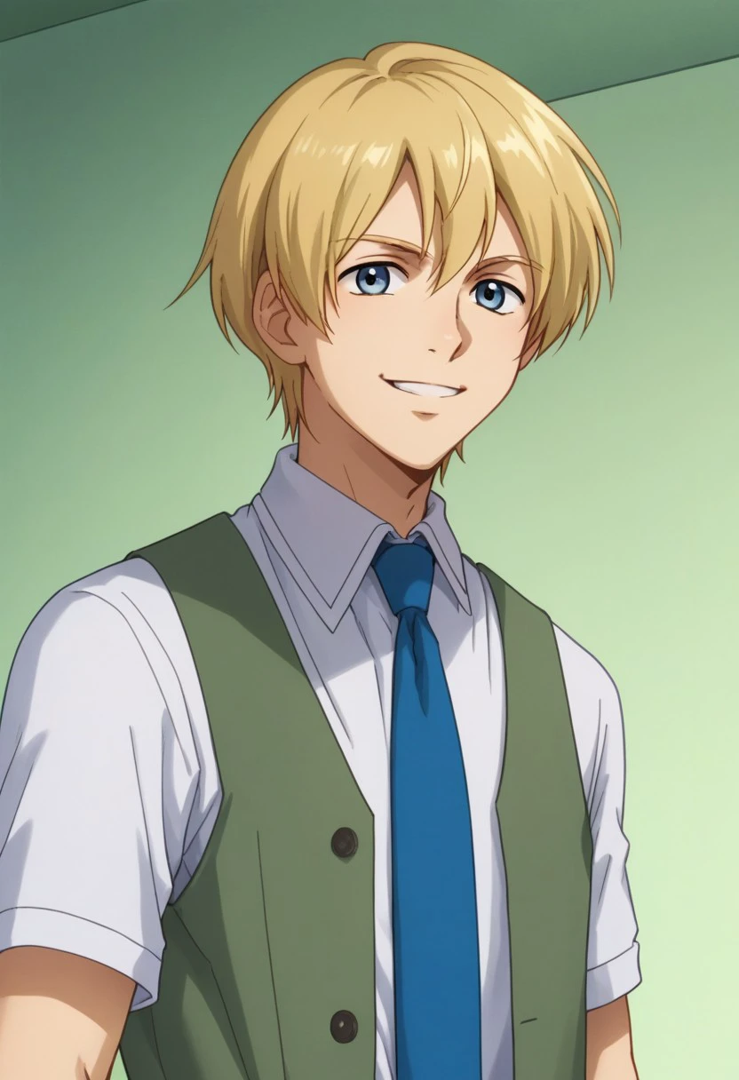 score_9, score_8_up, score_7_up, source_anime, highly detailed, 
1boy, 1boy, male focus, solo, blonde hair, blue eyes, shirt, white shirt, collared shirt, necktie, blue necktie, vest, green vest, upper body, smile
indoor,