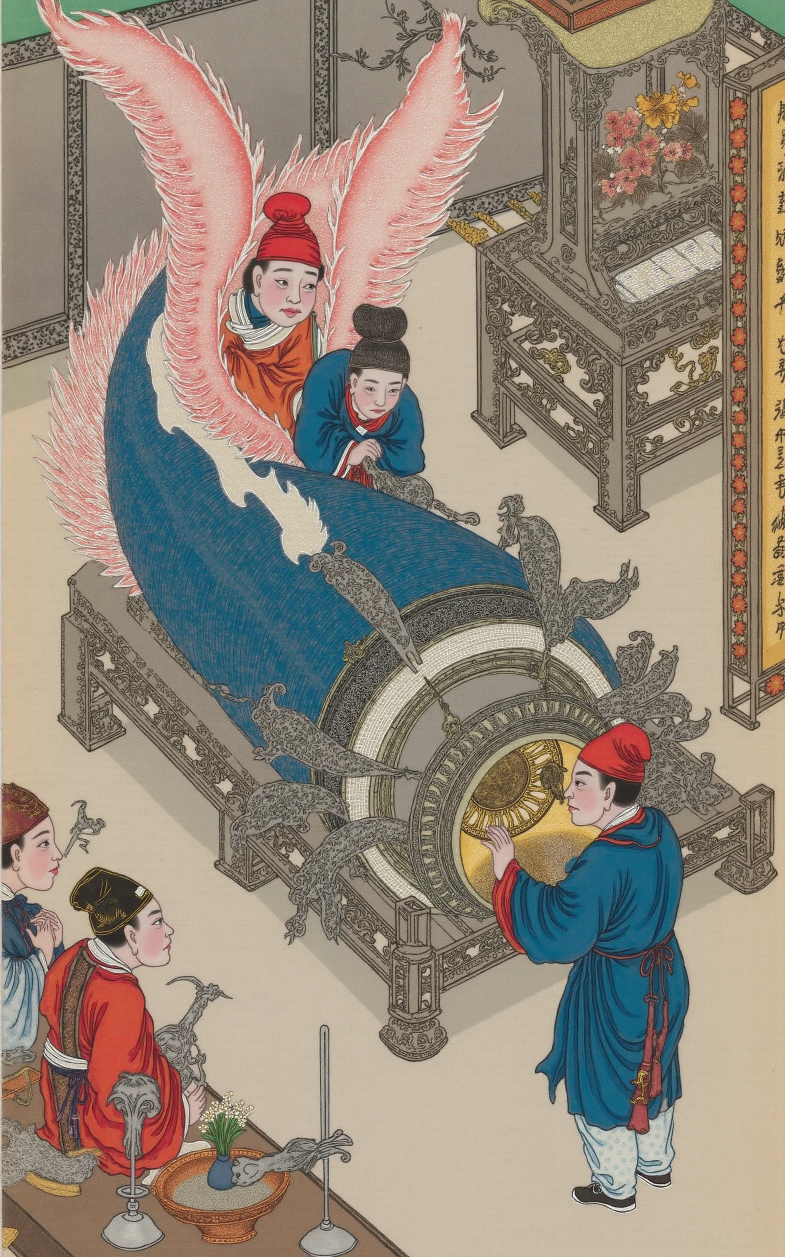 <lora:Liaozhai_flux_style:1>,Liaozhai,This is a detailed, traditional Chinese ink painting on silk, depicting an elaborate scene from a historical or mythological context. In a steampunk forging workshop, two men and one woman are operating a machine to generate a giant steampunk mechanical fish, with a sign that says 'Cyber Fish'.  Complex large scene, top view