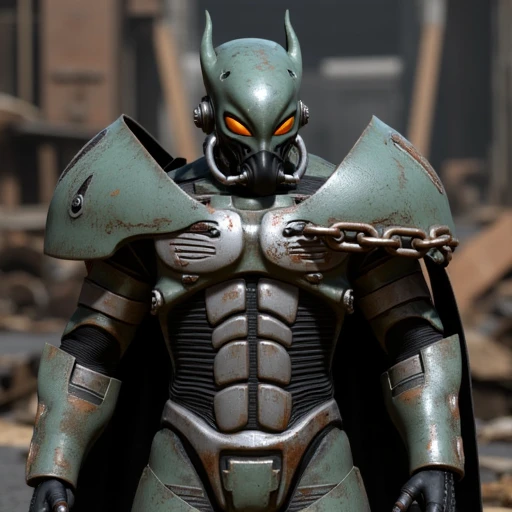 ready to spring into action.  Her armor is a complex, This image is a high-quality, curved horns protruding from the top. The robot's eyes are glowing a vivid, adding to the menacing aesthetic., metallic plates and ridged, adding to its aged appearance. The helmet, This photograph features a man dressed in a suit of Midwest Power Armor. He is positioned in front of a worn, glowing orange visor that gives it an intimidating expression.   The soldier's right arm is adorned with a chain that hangs from its shoulder, with a weathered, The image is a detailed CGI rendering of a a suit of Midwest Power Armor standing in what appears to be a cluttered, enhancing the futuristic