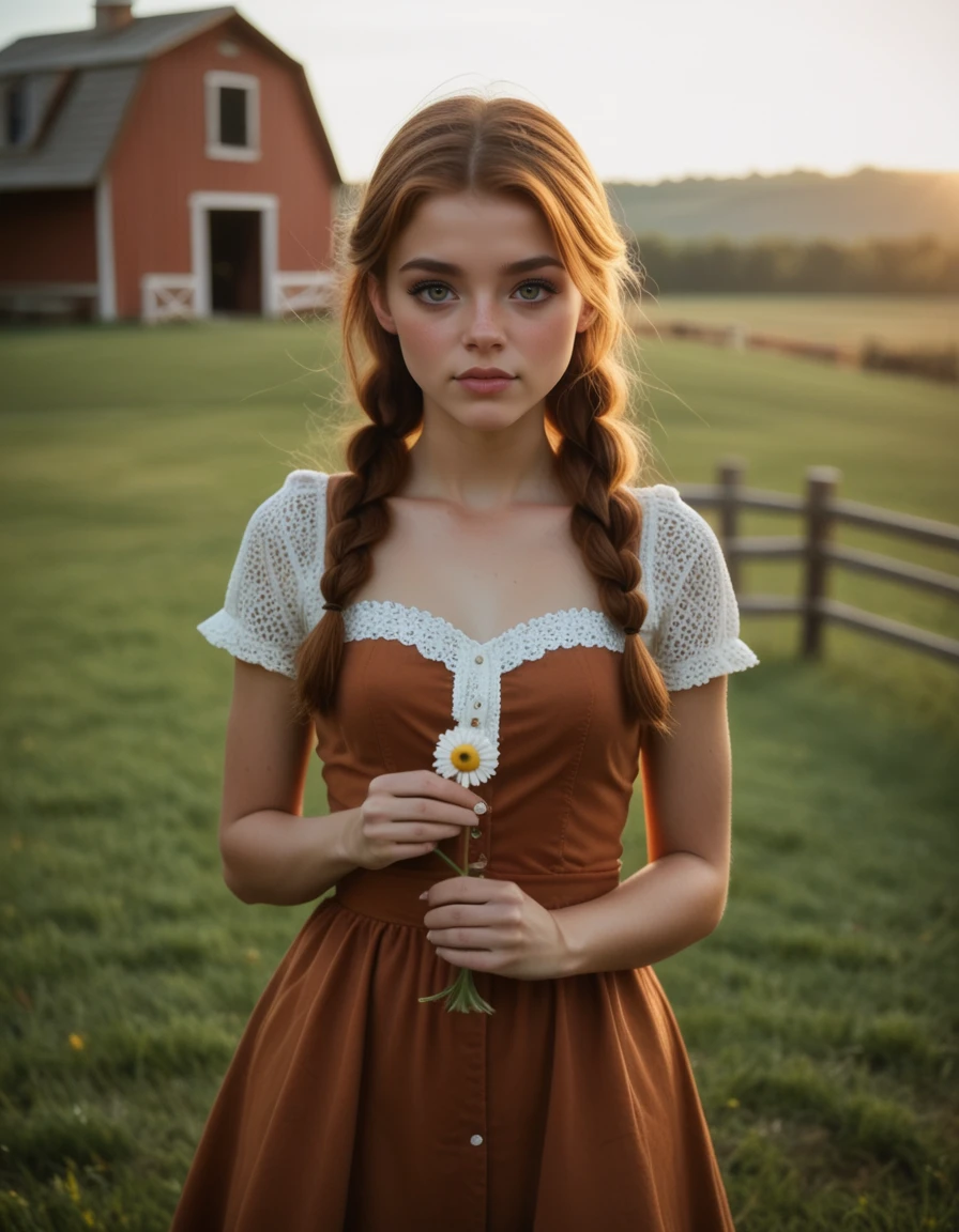 ATRX_MANUELA_PONY, waist-up view, twin braids, fiery auburn hair, hazel eyes, (holding a daisy), wearing simple farm dress, wind blowing through her hair, peaceful expression, rural landscape, old wooden fence and barn, soft afternoon light, photorealistic;
<lora:atrx-manuela-pony-v01:0.8>
<lora:wreal_consolidated:0.6>