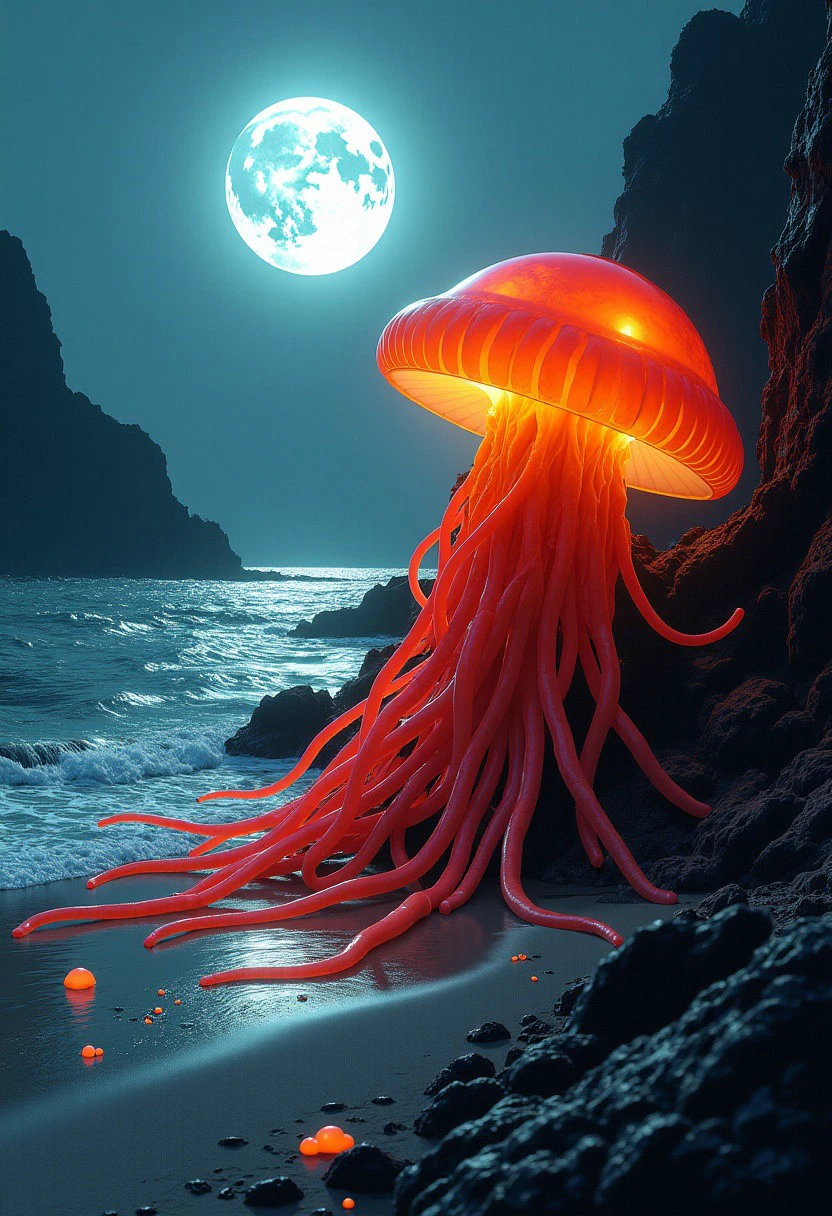 Grotesque, elongated, red and yellow translucent creature with an otherworldly, bioluminescent glow, akin to a deep-sea jellyfish, crawling with twisted, spindly limbs on a desolate, moonlit beach, surrounded by jagged, volcanic rock formations, with the eerie, flickering light of luminescent plankton scattered across the waves, in the style of Zdzisław Beksiński's surreal, dreamlike landscapes, combined with the eerie, unsettling atmosphere of H.R. Giger's xenomorph designs, and the vibrant, iridescent colors of Ash Thorp's futuristic, neon-lit visions.