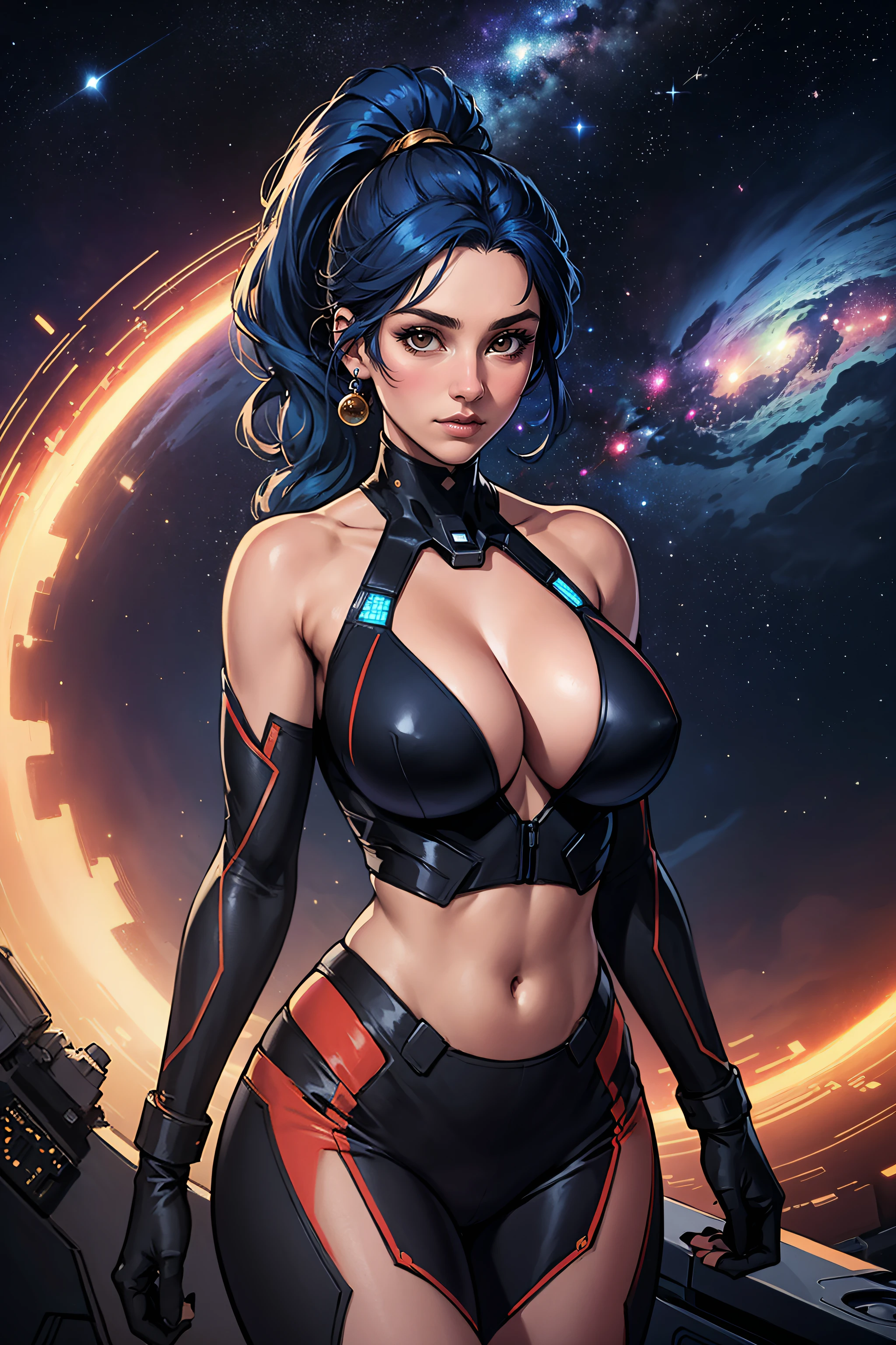(masterpiece, highest quality, illustration), cowboy shot, solo, woman, ponytail, long blue hair, brown eyes, huge breasts, pilot suit, (cleavage:1.6, plunging neckline), midriff, bare shoulders, sci-fi, galaxies, nebulae, stars, celestial background, space, standing