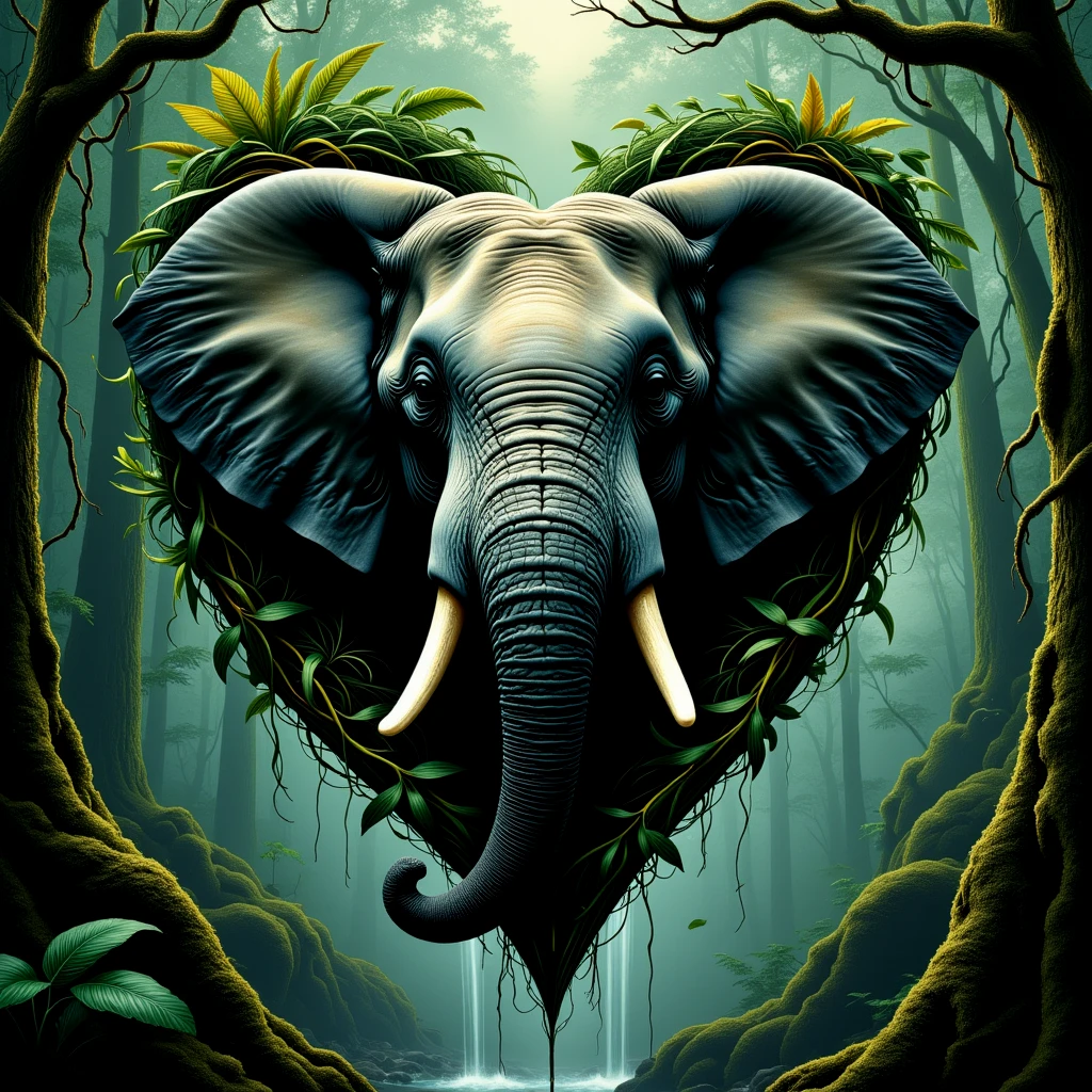 An elephant face in a heart, in the midst of the tropical jungle, surrounded by vines. Waterfall.

hrtfcCE style