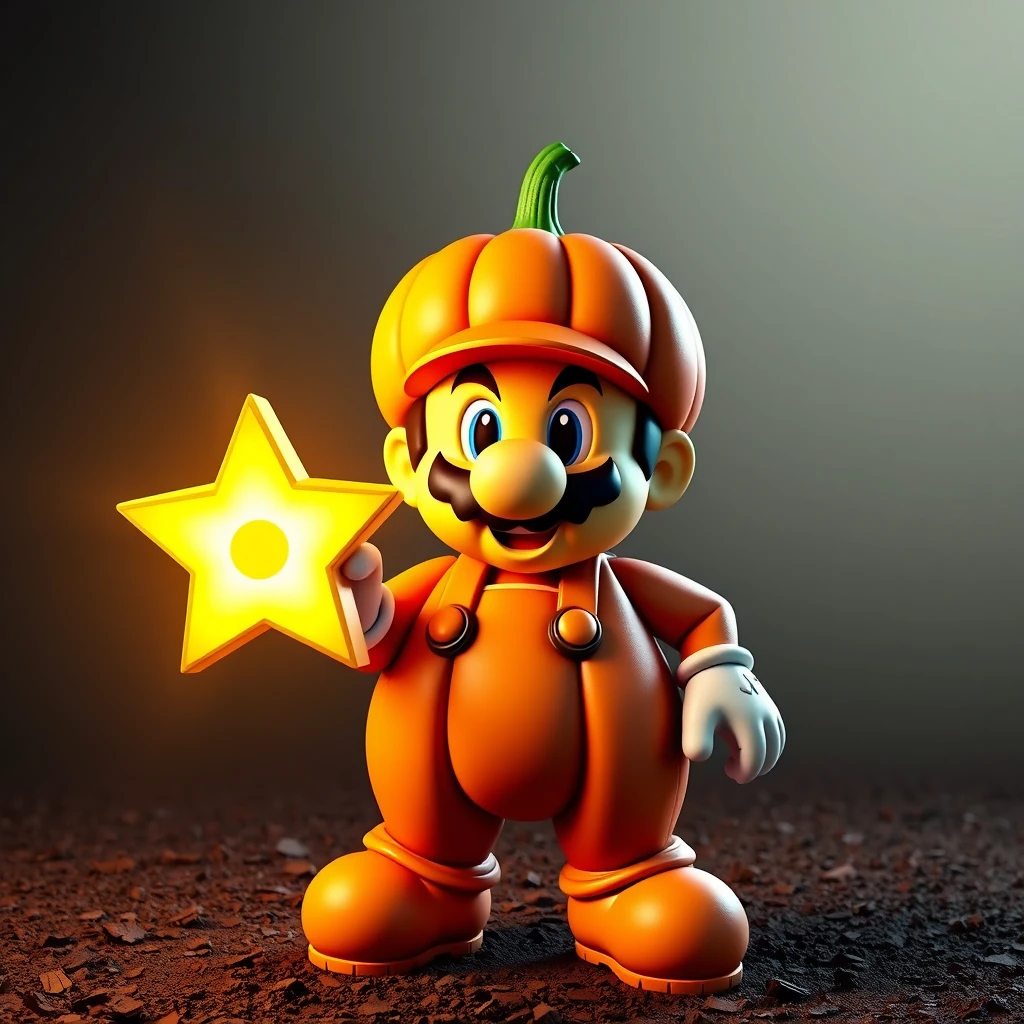 Mario from supermario with pampmpkn clothes made out of pumpkin. he is holding a glowing star