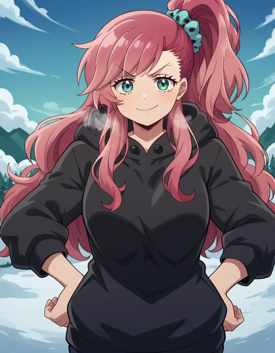 score_9, score_8_up, score_7_up, source_anime, <lora:anna-houjou-s1-ponyxl-lora-nochekaiser:1>, anna houjou, long hair, hair ornament, pink hair, one side up, scrunchie, hair scrunchie, green eyes, medium breasts,, hood, hoodie, black hoodie,, snow day, winter clothes, snowball fight, laughter, cold breath, white landscape, smile, , smug, hands on hips,, solo,, dutch angle,