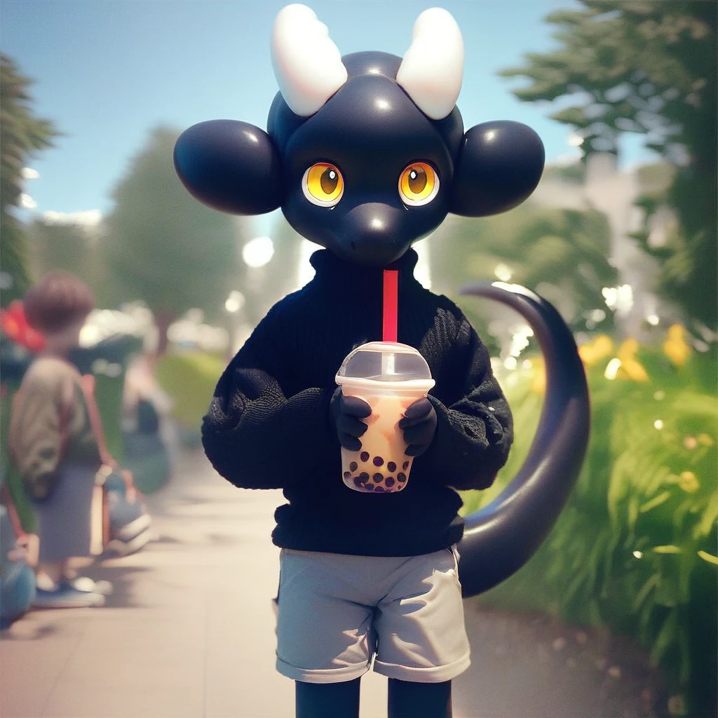 score_9_up, score_8_up, score_7_up, source_furry, balloons, mikus-balloon, balloon, black dragon, black body, white horns, yellow eyes, park, holding, bubble tea, black sweater, gray shorts, 1boy, solo