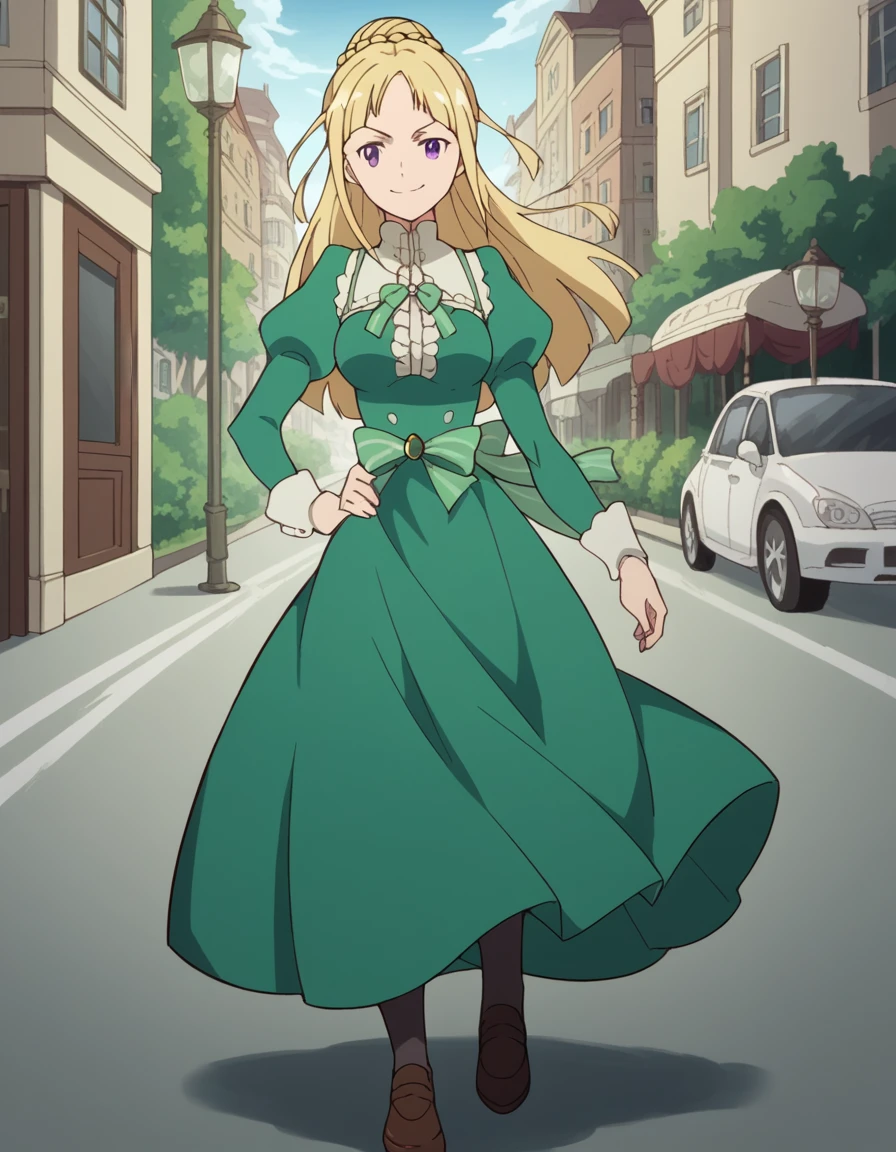 score_9, score_8_up, score_7_up, source_anime, <lora:ortfine-fredericka-von-eylstadt-s1-ponyxl-lora-nochekaiser:1>, ortfine fredericka von eylstadt, long hair, blonde hair, purple eyes, braid, hair bun, single hair bun, medium breasts,, long sleeves, dress, ribbon, pantyhose, shoes, puffy sleeves, brown footwear, green dress, juliet sleeves, frills,, city street, evening, streetlights, walking dog, quiet neighborhood, gentle breeze, , looking at viewer, smug, hand on hips,, solo,, dutch angle,