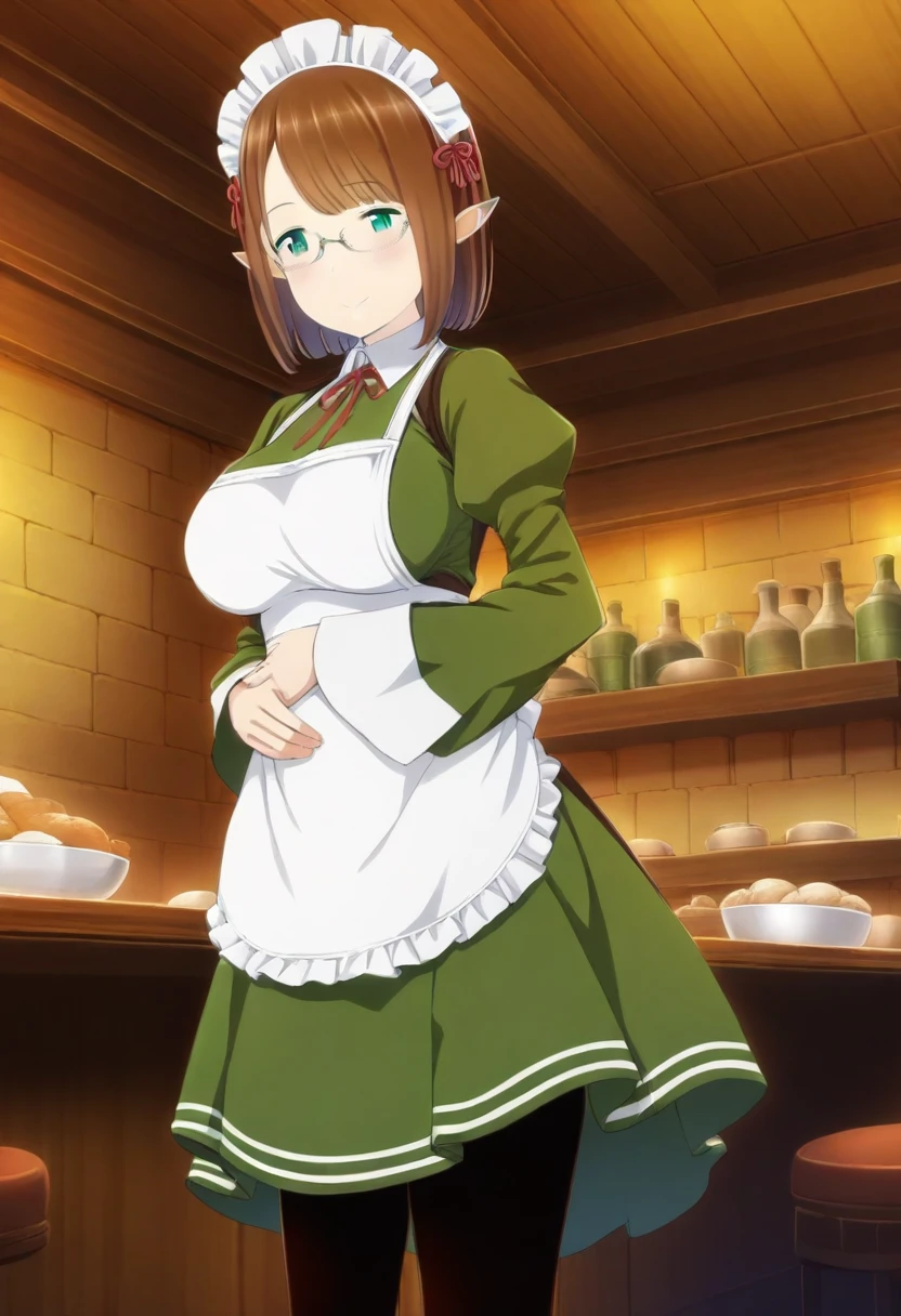 1girl, solo, Ein3Tu113, green eyes, brown hair, short hair, pointy ears, glasses, Wa1tress, maid headdress, green dress, Juliet sleeves, white apron, maid apron, red ribbon, neck ribbon, black pantyhose, hands on stomach, <lora:Eina Tulle - KKS illustriousXL Ver:1>, indoors, restaurant, fantasy,  standing, smile