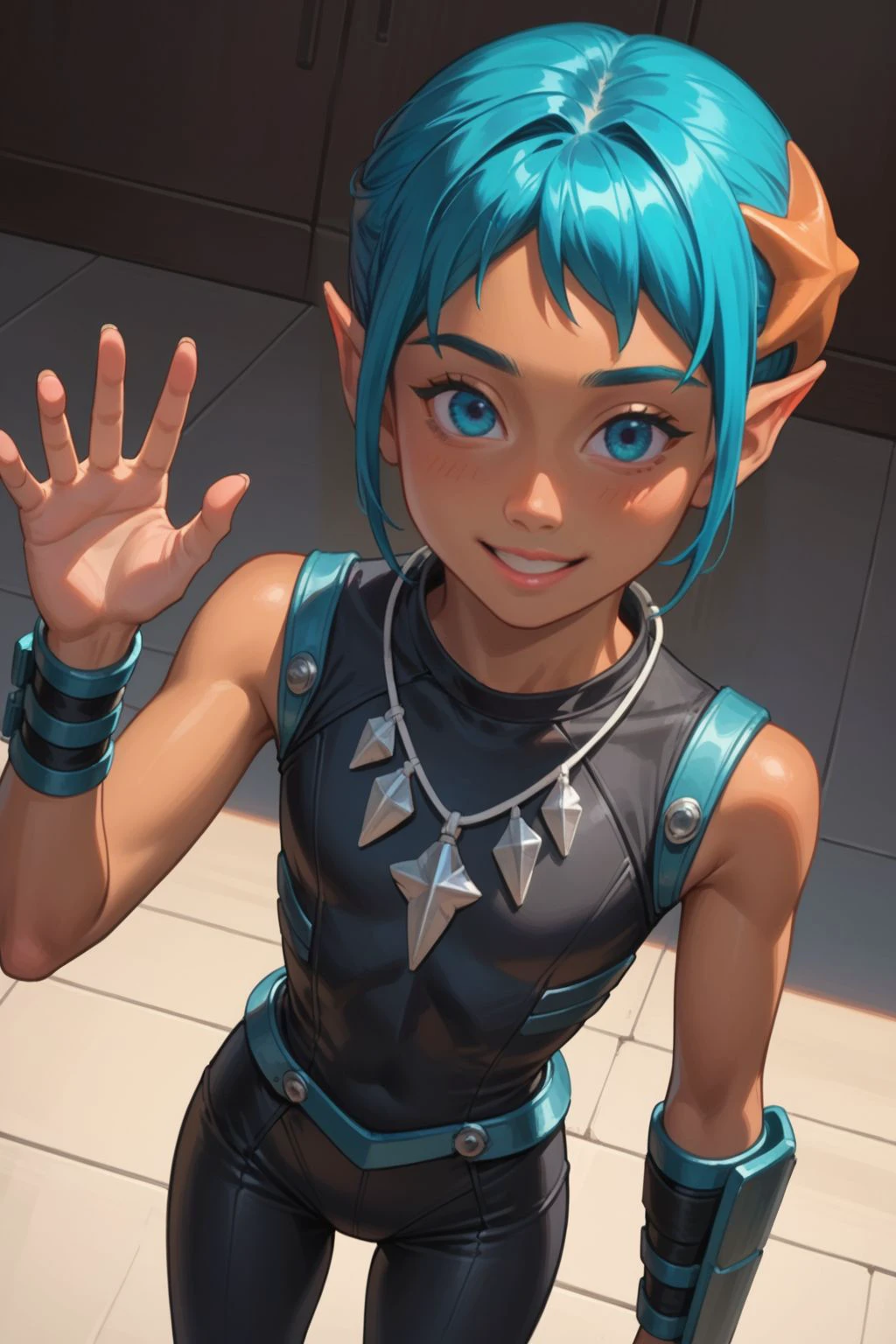 score_9, score_8_up, score_7_up, masterpiece, high quality, highres RAW photo
solo, YoungAndrAIaReBoot, 1girl, (cute, beautiful, adorable), blue hair, short hair, blue eyes, pointy ears, starfish hair ornament, colored skin: 1.8, orange skin: 1.8, dark skin: 1.8, dark-skinned female: 1.8, black top, sleeveless, armor, marine themed attire, shell breastplate, shell armor, pauldrons, shell necklace, armlets, gauntlets, leggings, <lora:YoungAndrAIaReBoot_Pony:0.5>
(skinny, thin), eye contact, flat chest: 1.8, tiny waist, happy, smile, blush, embarrassed, (posing for a photo, cute pose, dynamic pose, dynamic angle)
((futuristic science fiction)) , in a science fiction facility, indoors, dynamic lighting