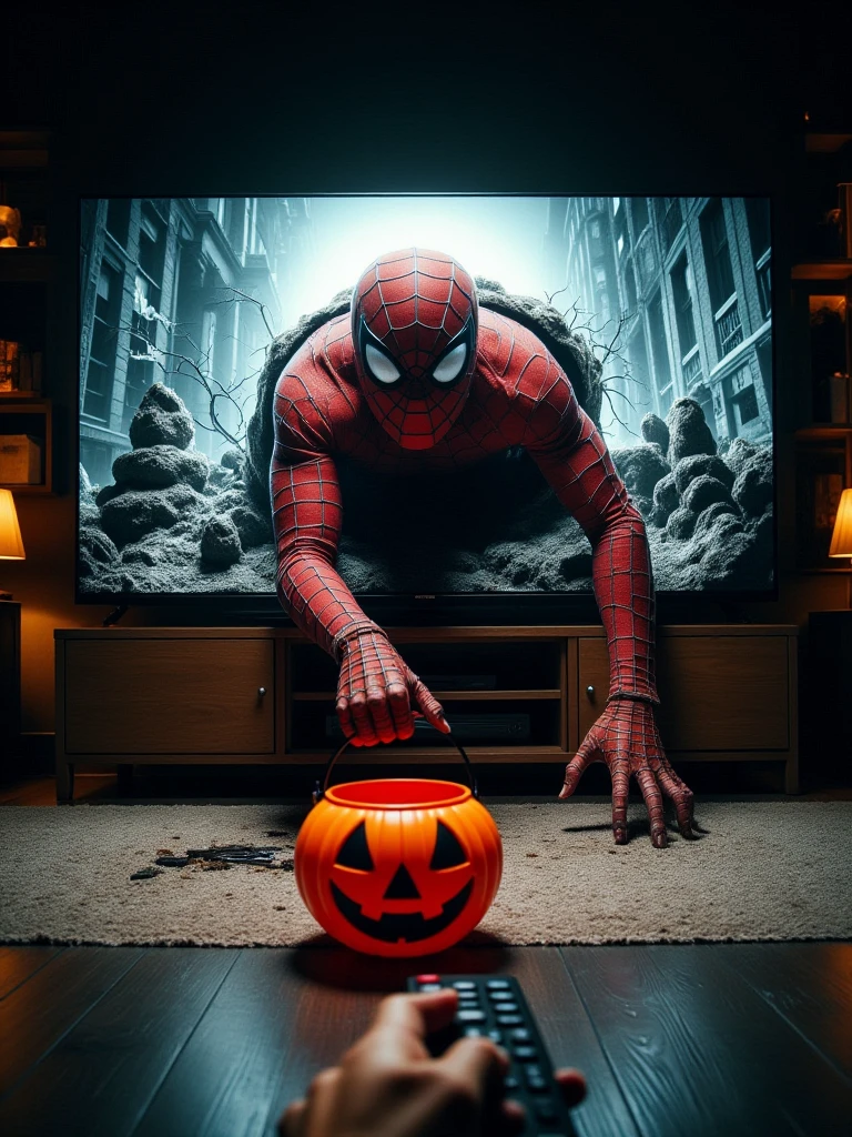 is crawling out of a large television screen. holding a Halloween-themed pumpkin bucket. The oversized television dominates the room. The living room is dimly lit, The scene creates an eerie atmosphere. The hands are spread on the floor, emerging from the TV in a supernatural, unsettling manner. The scene conveys a chilling vibe, enhancing the sense of horror, spiderman, red uniform, 