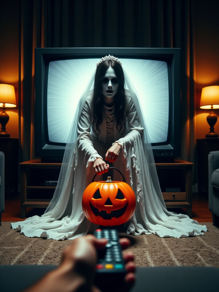 pov remote is crawling out of a large television screen holding a pumpkin bucket. The hands are spread on the floor emerging from the TV, accompanied by a ghostly bride in a flowing, tattered wedding dress. Her pale face, framed by a torn veil, glows faintly, with hollow eyes fixated on the crawling figure. The pumpkin bucket casts an orange glow that reflects off her ethereal form, and the room is filled with a chilling silence, broken only by the faint whispers of the phantom bride.