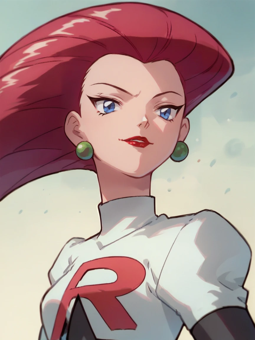 score_9, score_8_up, score_7_up, score_6_up, score_5_up,  <lora:JessieTR:1> jessietr, 1girl, hair slicked back, solo, long hair, team rocket uniform, red hair, blue eyes, red lips