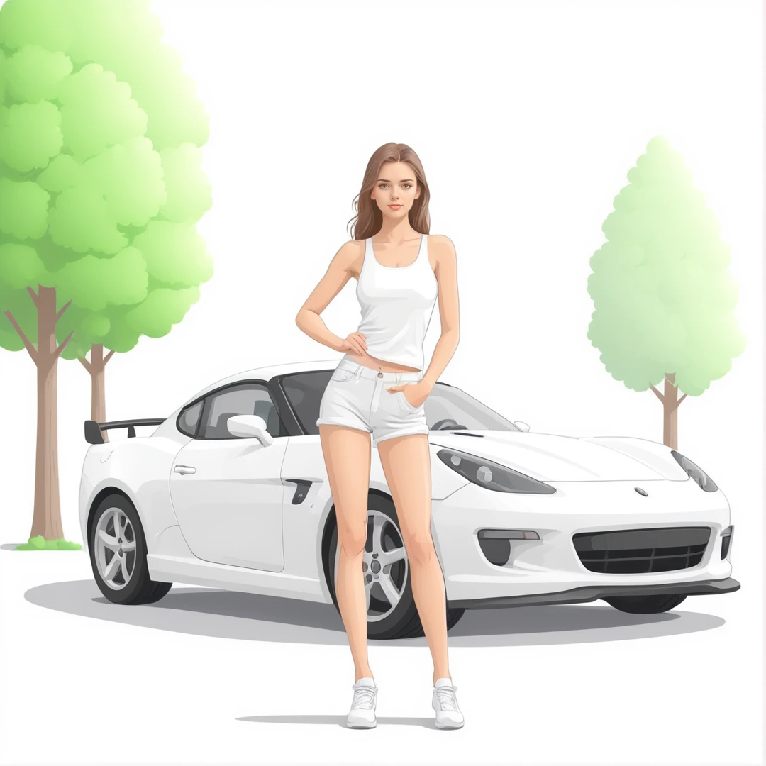 light vector, sports car, green trees, female model is standing next to,  <lora:light vector:1>