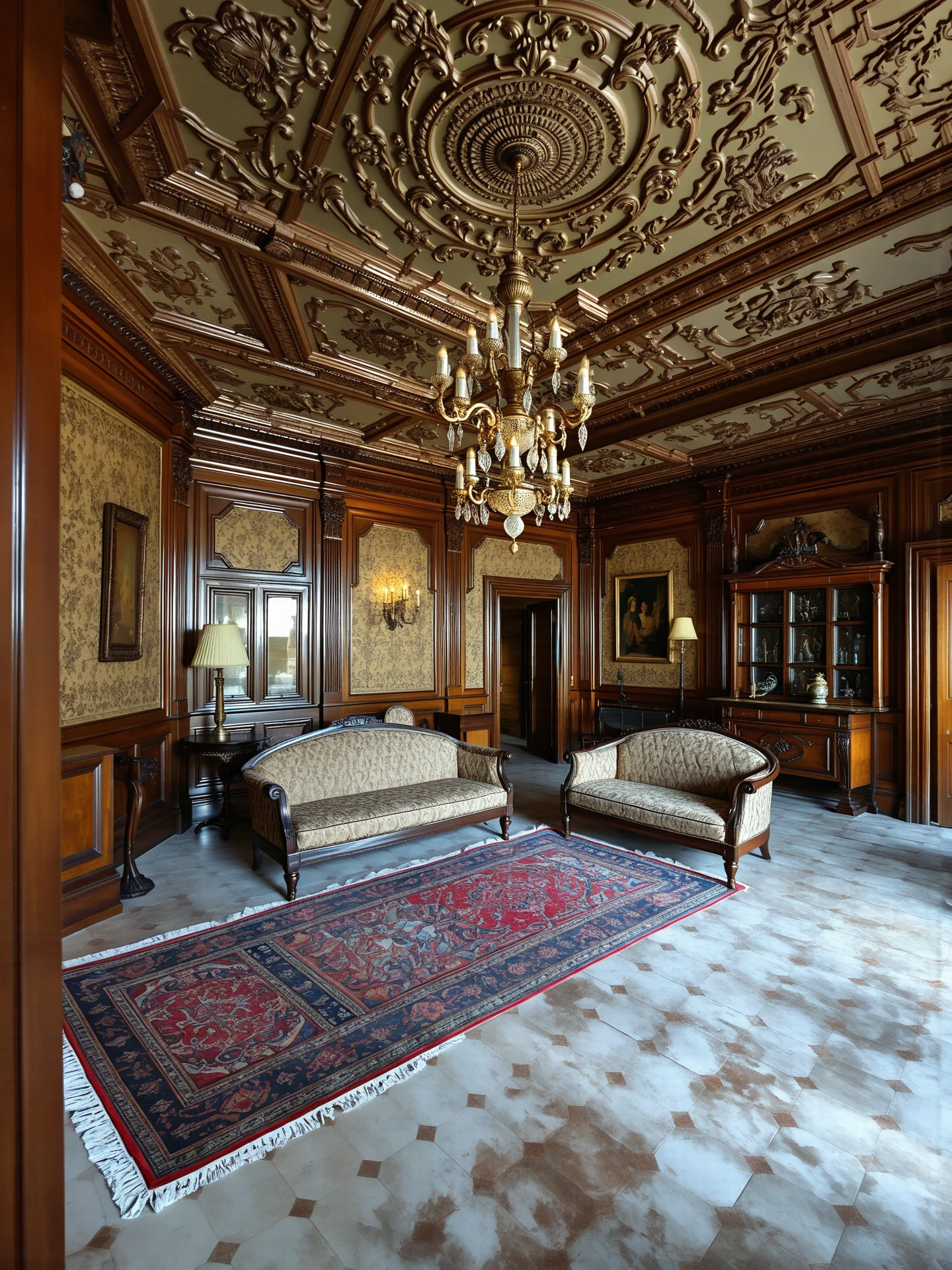 jclassint, photograph of a classic victorian interior, ceramic tiles, lot of wood, plaster art details on ceiling, chandelier, old style fabric sofa, moroccan rug on floor