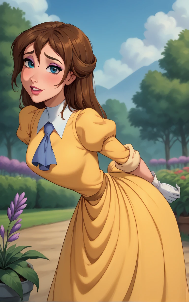 score_9, score_8_up, score_7_up, looking at viewer,  BREAK
YellowDress_JanePorter_ownwaifu, 
1girl, blue eyes, breasts, brown hair, long hair, narrow waist, makeup, puffy sleeves, lipstick, lips, hair between eyes, eyeshadow, 
sleeves rolled up, turtleneck, white gloves, yellow dress, juliet sleeves, ascot, long sleeves, necktie, blue ascot, short sleeves, 
(leaning forward, arms behind back), cowboy shot, garden, wisteria, outdoors, <lora:PONYXL_Tarzan_JanePorter_ownwaifu:0.8> , depth of field, solo,